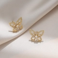 Elegant gold butterfly stud earrings with micro-pave zircons and crystal wings - Sparkling Butterfly Style (E0245)