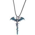 Luminous dragon sword pendant necklace with blue wings on a black wax rope cord - Antique Tin Lake Blue