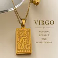 Golden stainless steel Virgo zodiac square pendant necklace with intricate laser engraving - Virgo