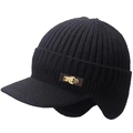 Gorro de punto negro clásico con orejeras y visera, vista del producto en ángulo de 45 grados - Gorro De Punto De Doble Capa Engrosado / Negro (Sin Forro)