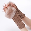 Brown knit fingerless gloves with cable pattern and soft faux fur trim for women - Khaki