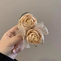Beige fabric rose hair claw clip with mesh lace bow for elegant bun hairstyles - Champagne
