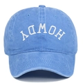 Detailed embroidery of white Howdy letters on navy blue washed cotton baseball cap - Adjustable / Light Blue