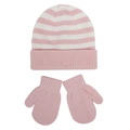 Detail of pink and white striped knit baby hat with matching warm mittens set - S / Mittens Style / Pink White Stripes
