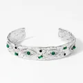 Bracciale rigido bohémien in argento martellato con ciondoli occhio malachite - Argento + Zirconia Verde (PAS1056)