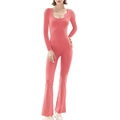 Pink slim fit long sleeve jumpsuit with square neck and 3D floral accent on flared legs - S / Watermelon Red