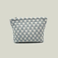 Blue and white checkered knitted cosmetic bag with silver zipper closure storage - Blue Plaid