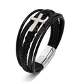 Men's multi-layer black braided leather bracelet with silver cross and magnetic clasp - Multi-layer Silver Cross / 19cm