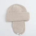 Beige ribbed knit earflap hat for kids with button detail for winter warmth - M / Beige