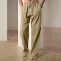 Men's khaki linen straight-leg drawstring casual trousers with a relaxed athletic fit - M / Khaki