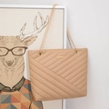 Khaki chevron quilted tote bag with golden chain strap and minimalist metal plaque - Brown