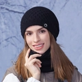 Women's black winter knitted beanie and neck gaiter set with fleece lining for warmth - Black