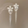 Boucles d'oreilles longues à pampilles en argent avec fleurs blanches et zircons - Style Gland de Strass à Double Couche de Fleurs (102#) (Tige d'Oreille en Argent 925) / Blanc