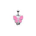 Detail eines rosa Schmetterling-Bauchnabelpiercings mit Emaille und kleinen Diamanten - Rosa Emaille-Schmetterling