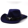 Detail of navy blue felt cowboy hat featuring silver bull head metal accessory and woven band - M (56-58cm) / Navy Blue