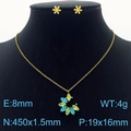 Golden titanium steel jewelry set with blue and yellow-green petal flower pendant necklace - Yellow And Blue (KS201526-GG)