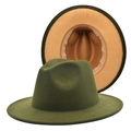 Olive green and camel two-tone wool fedora hat with wide brim for men and women - M (56-58cm) / Army Green + Camel