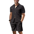 Conjunto de verano para hombre en tejido gofrado negro con camisa y pantalones cortos - Negro