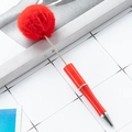 Creative red beaded ballpoint pen featuring a large fluffy plush pom-pom and metallic accents - Red