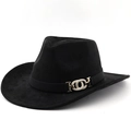Classic black suede cowboy fedora with wide brim and vintage geometric buckle accessory - M (56-58cm) / Black