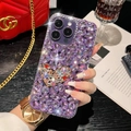 Luxury iPhone case with purple teardrop rhinestones and central heart gemstone charm - Purple
