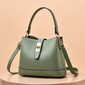Elegant sage green leather bucket bag with litchi texture and gold rectangle clasp - Green