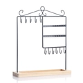 Black metal jewelry organizer with wooden base tray for earrings and necklaces - Black