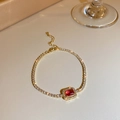 Adjustable gold tennis bracelet with a rectangular red stone and pavé cubic zirconia - Micro Pave Red Square Bracelet