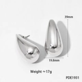 Polished large stainless steel waterdrop stud earrings with 39mm height and mirror finish - Large Smooth Teardrop (PDE1931)