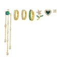 7-piece gold earring set featuring green zircon flower charms and elegant long tassels - 7-Piece Emerald Series (TZ00324 Gold) / Gold