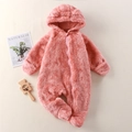 Rosa Baby-Plüsch-Einteiler mit Kapuze, Ohren und Reißverschluss aus weichem Fleece - 59cm / Dunkelrosa (Plüsch-Fußstil)