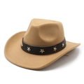 Detail of camel wool cowboy hat featuring a black band with silver star-shaped metal studs - M (56-58cm) / Camel