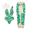 Costume intero verde a fiori con scollo a V, fiore 3D e pareo coordinato - S / Set Costume Intero Verde