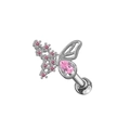 Macro shot of butterfly cartilage stud with pink zircons and polished silver steel finish - Silver Pink Butterfly