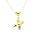 Detail of gold letter X pendant with colorful cubic zirconia and heart link connector - Letter-X