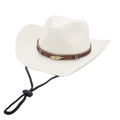 White woven cowboy hat with brown decorative band and golden feather pendant on white background - One Size / White (Gold Feather Style)