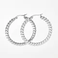 Polished silver twisted hoop earrings featuring a thick spiral rope design with clicker clasp - Silver (PDE840)