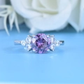 Elegant silver ring with round purple gemstone and clear zircon accents on the band - Purple Diamond Ring Ljz-253 / Adjustable Open
