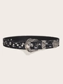 Cinturón vintage de denim negro con detalles desgastados y hebilla floral plateada - Talla L (113CM) / Denim Negro