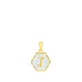 Hexagonal 18k gold plated stainless steel pendant with white shell inlay and 3D letter J - Letter J