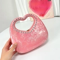 Pink heart-shaped acrylic evening bag with marble texture and rhinestone handle - Pink