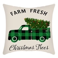 Red Christmas pillow cover featuring a black and green plaid truck with festive trees - Beige Farm Truck