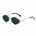 Rimless hexagon sunglasses with dark green diamond cut lenses and gold metal temples - C5 Green (XN)