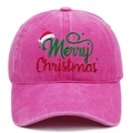 Close-up of Merry Christmas embroidery on rose red washed denim baseball cap - Adjustable / Rose Red