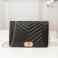 Classic black chevron quilted shoulder bag with golden chain and metallic lock - Black Plain Style
