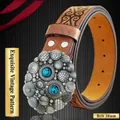 Vintage embossed leather belt for women with turquoise buckle, 38mm width strap - Antique Tin 15 Style A / 120cm