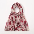 Sheer voile scarf with red floral print on beige background, lightweight summer shawl - Beige with Red Floral