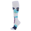Detail of white athletic compression sock with blue clouds and yellow star patterns - Eggplant