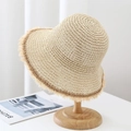 Sombrero de sol de paja beige hecho a mano con bordes deshilachados para mujer - Beige