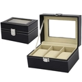 Scatola porta orologi a 3 posti in pelle nera con interno beige e finestra in vetro - 3 Posti / Nero/Interno Beige